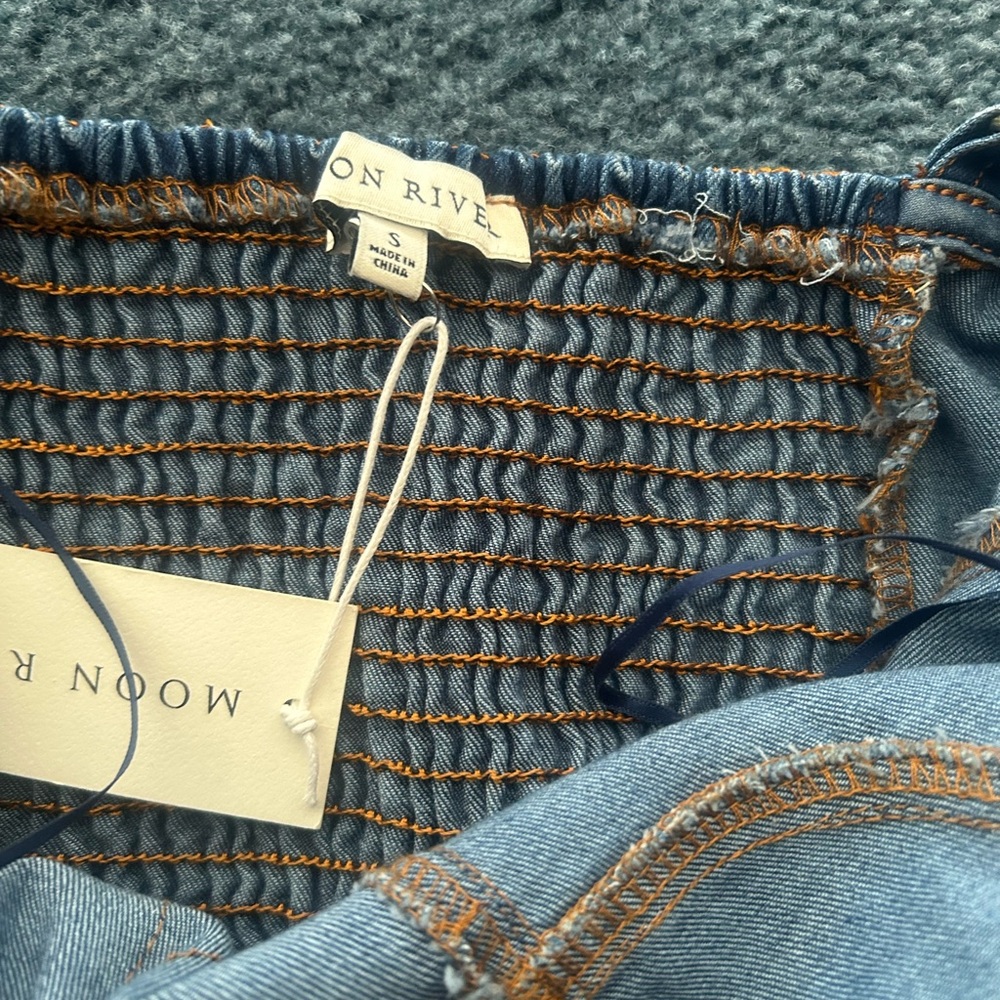 Women’s Denim peplum top - Dark Blue with Contrast Stitching - Picture 9 of 12